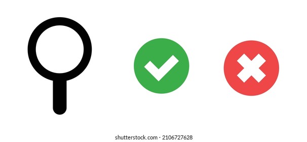 Magnifying Glass, Check Mark And Cross Mark Icon Set. Vector.