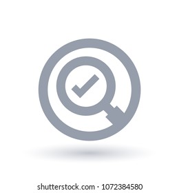 Magnifying glass check mark icon. Magnify tick symbol. Magnifier choice sign in circle outline. Vector illustration.