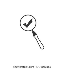 Magnifying glass and check mark icon isolated. Magnifying glass and approved, confirm, done, tick, completed symbol. Flat design. Vector Illustration