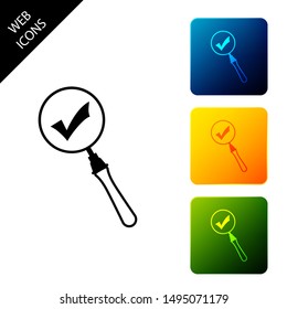 Magnifying glass and check mark icon isolated. Magnifying glass and approved, confirm, done, tick, completed symbol. Set icons colorful square buttons. Vector Illustration