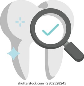 Magnifying glass with Check mark Sign and healthy tooth vector color icon design, Dentistry symbol, Healthcare sign, Dental instrument stock illustration, perfect teeth concept