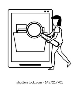 magnifying glass checking documents in tablet system technology cartoon vector illustration graphic design