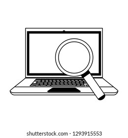 magnifying glass checking laptop computer in black and white