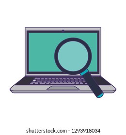 magnifying glass checking laptop computer blue lines