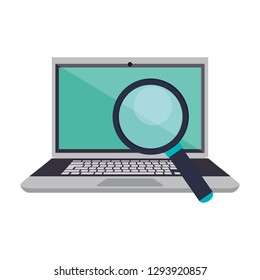 magnifying glass checking laptop computer