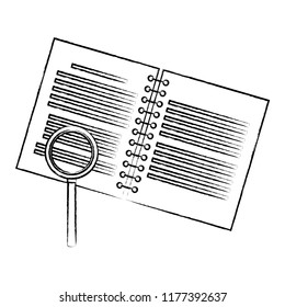 Magnifying glass checking notebook open sketch