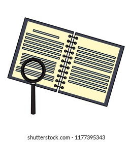 Magnifying glass checking notebook open