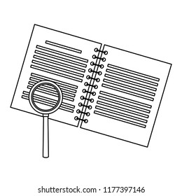 Magnifying glass checking notebook open in black and white