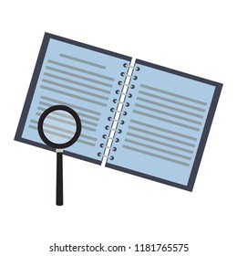 Magnifying glass checking notebook open
