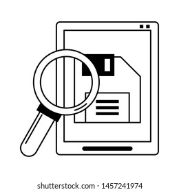 magnifying glass checking tablet system with diskette technology cartoon vector illustration graphic design