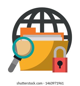 magnifying glass checking web documents system with security technology cartoon vector illustration graphic design