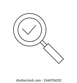 Magnifying glass with checkmark linear icon on white background
