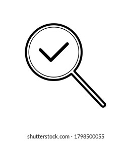 Magnifying glass with checkmark linear icon on white background