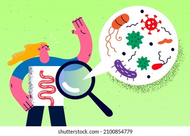 Magnifying glass for checkup young sick woman stomach with bacteria and virus in intestine. Magnifier examine female patient inner abdomen for stomach infection. Vector illustration. 