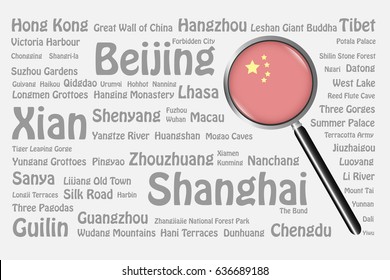 The magnifying glass with the Chinese flag is on the right side of the vector. The background consists of the names of the best travel destinations, cities, natural monuments and landmarks of China.