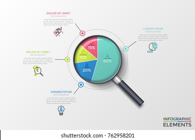 Magnifying glass with circular diagram inside divided into 4 multicolored pieces with letters and percent indication, thin line icons and text boxes. Creative vector illustration for presentation.