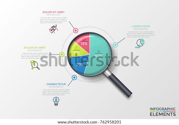 Magnifying glass with circular diagram\
inside divided into 4 multicolored pieces with letters and percent\
indication, thin line icons and text boxes. Creative vector\
illustration for\
presentation.