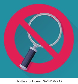 Magnifying glass with a circular red strikethrough prohibition symbol on a blue background with long shadow in flat design style