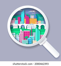 Magnifying glass with city elements inside, vector illustration in paper art style. Search for house, real estate concept.