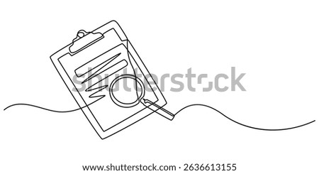 magnifying glass with clipboard continuous one line drawing, One continuous line drawing of magnifying glass and document, Business analysis concept, Concept of Business analysis in simple outline pro