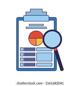 magnifying glass and clipboard with document with graphic charts over white background, vector illustration