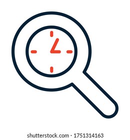 magnifying glass clock icon over white background, half line half color style, vector illustration