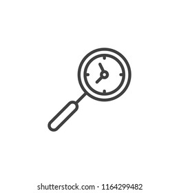 Magnifying glass and clock outline icon. linear style sign for mobile concept and web design. Time search simple line vector icon. Symbol, logo illustration. Pixel perfect vector graphics