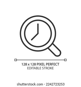 Magnifying glass with clock pixel perfect linear icon. Time tracking. Dial inside loupe. Estimation. Thin line illustration. Contour symbol. Vector outline drawing. Editable stroke. Arial font used