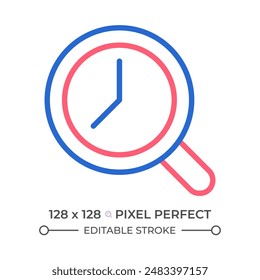 Magnifying glass with clock two color line icon. Time tracking. Dial inside loupe. Estimation bicolor outline symbol. Duotone linear pictogram. Isolated illustration. Editable stroke