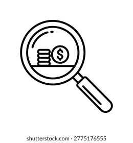 Magnifying glass closely examining a stack of coins with dollar symbol in minimalist design emphasizing financial scrutiny