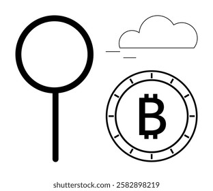 Magnifying glass, cloud, and Bitcoin symbol on a coin with dashed lines. Ideal for finance, cryptocurrency, search, technology, digital economy, online transactions, cloud services. Line metaphor