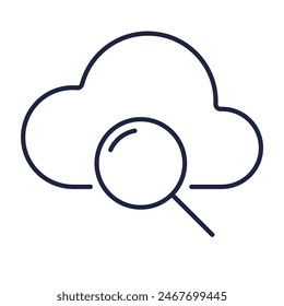 Icono de lupa y línea de nube. Búsqueda de archivos. Concepto de Tecnología de información y computación por software. Símbolo de Web y móvil sobre fondo blanco. Trazo de Vector editable. Píxel perfecto.