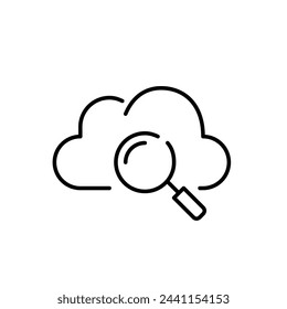 Magnifying glass and cloud. Searching for files in cloud storage, analyzing and examining data. Pixel perfect vector