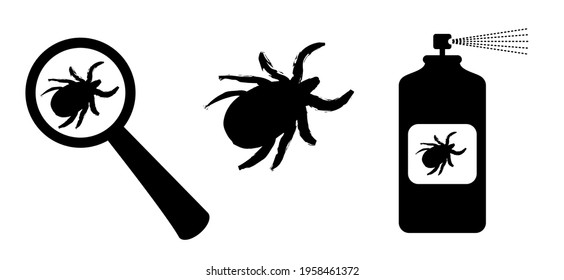 Magnifying Glass, Clues And Spray Icon. Lyme Disease Prevention Of Ticks Warning. Tick Attention. Stop Sign. Bite And Infection Insect Virus For Preventie. Insect, Borrelia Bites.