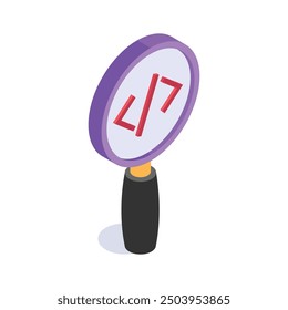 Una lupa con símbolos de código, que denota el icono isométrico de búsqueda de código