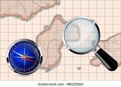 Magnifying glass, compass, old map. Vector illustration