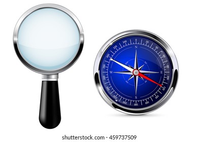 Magnifying glass with compass. Research tool. Vector illustration isolated on white background