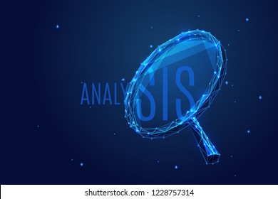 A magnifying glass composed of polygons. Low poly vector illustration of a starry sky style. Analysis or Search symbol. Business or Internet technology concept.