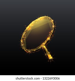 A magnifying glass composed of polygons. Low poly vector illustration. Analysis or Search symbol. Business, science or Internet technology concept. Gold isolated vector image on black background