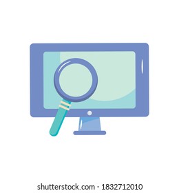 lupa y computadora sobre fondo blanco, estilo plano, ilustración vectorial