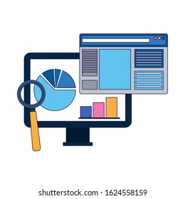 magnifying glass, computer and web page window over white background, colorful design, vector illustration