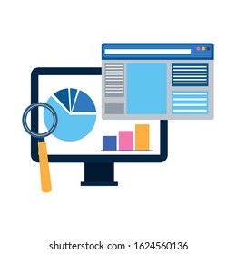magnifying glass, computer and web page window over white background, vector illustration