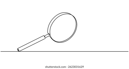 Magnifying glass continuous one line drawing. Loupe symbol in simple linear style. Search concept. Vector illustration, Continuous single line drawing of a magnifying glass. Single minimalist concept.