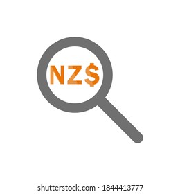 Magnifying glass and copper newzealand dollar sign on white background