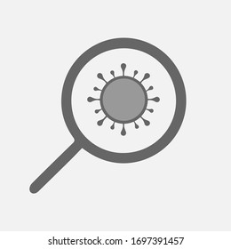 Magnifying glass and coronavirus vector icon. Virus laboratory symbol. Covid 19 lab research. research for medicine. Simple isolated pictogram illustration.