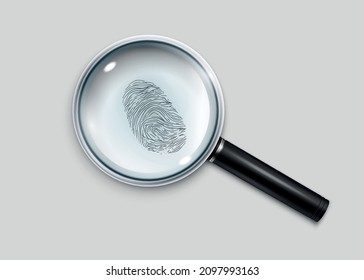 Magnifying glass and criminal fingerprint realistic composition with isolated view of finger mark with hand lens vector illustration