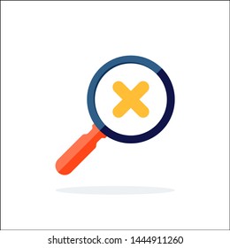 Magnifying glass with cross check mark icon. Search cancel vector icon. Magnifying glass delete simple icon. Symbol, logo illustration.