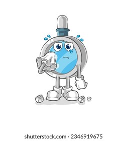 the magnifying glass cry with a tissue. cartoon mascot vector