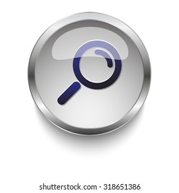 Magnifying Glass dark blue vector icon on a glossy glass button with chrome on white background