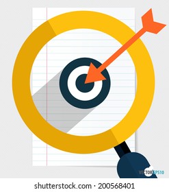 Magnifying glass and dartboard on paper. Vector illustration.